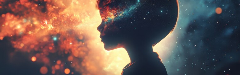 Surreal visualization of a child's silhouette filled with cosmic elements