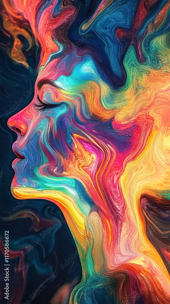 Aufkleber surreal depiction of a glowing woman surrounded by vibrant colors and abstract patterns