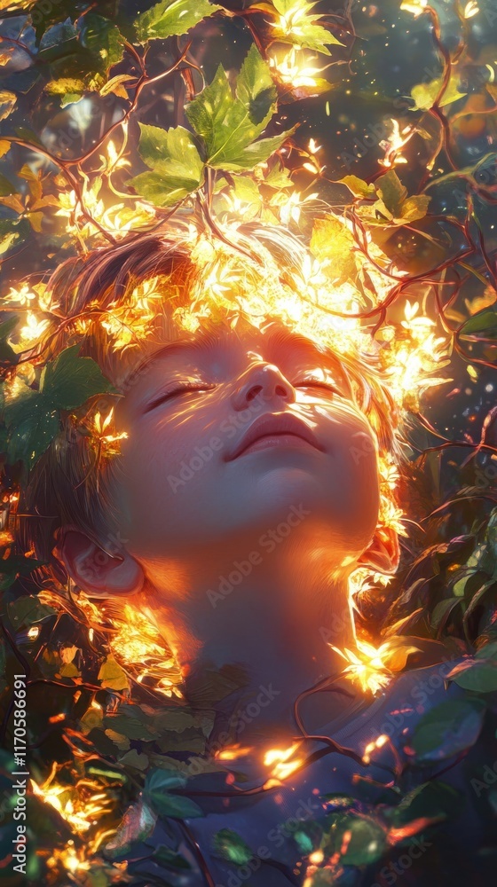 Poster Surreal portrait of a glowing child surrounded by vines and light in a mystical forest setting