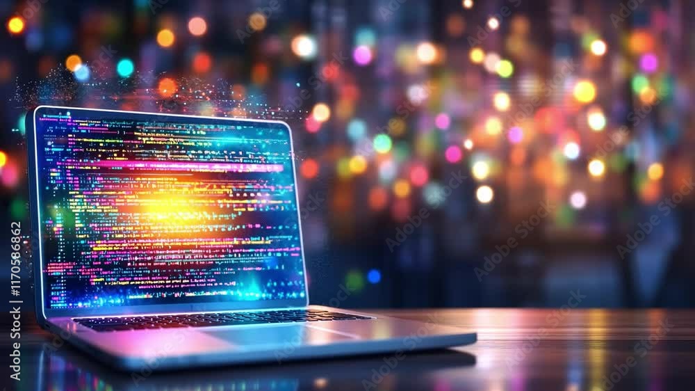 Poster computer displays vibrant code against a backdrop of colorful bokeh lights at night