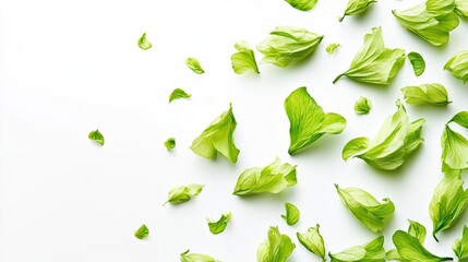 Green petals scattered on white background; nature design.
