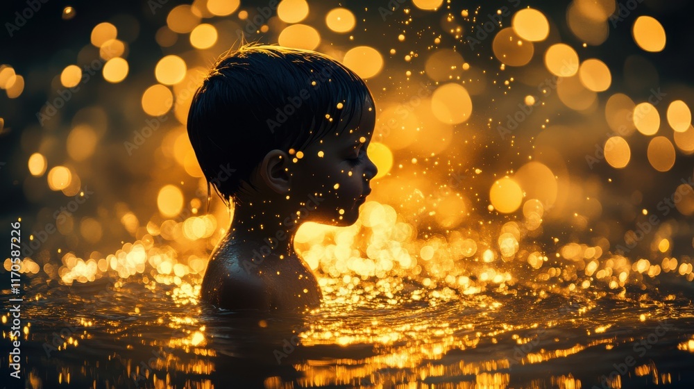Poster child illuminated by warm light while playing in water during golden hour, embracing joy and serenit