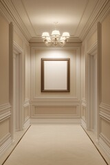 A symmetrical hallway with neutral-toned walls and an empty ornate frame in the center, illuminated by a chandelier.