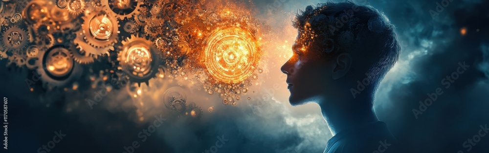 Fototapete portrait of a man surrounded by gears and glowing elements symbolizing creativity and inspiration in