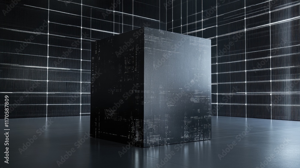 Poster 3d rendering of an empty futuristic digital wall box on a grey-black background with white gridlines