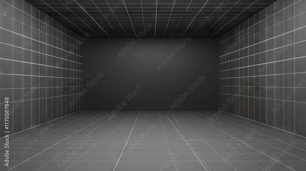 Poster 3d rendering of an empty futuristic digital wall box on a grey-black background with white gridlines