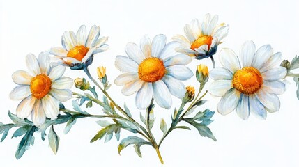 Obraz premium Vivid and bright three-piece natural watercolor painting of a chamomile branch, depicted in stunning detail on a white background. Ideal for floral, nature, and botanical design concepts.