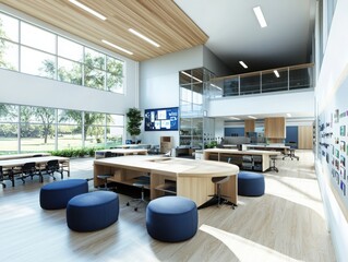 Innovative classroom design featuring maker space concept modern educational facility interior architecture collaborative learning environment wide-angle view creative learning spaces