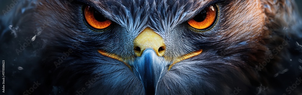 Poster Macro capture highlights the intense gaze of a hawk showcasing vibrant colors and intricate feather details