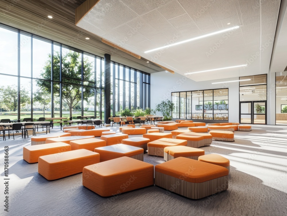 Poster modern classroom design with runway-style desk setup educational facility digital content bright ope