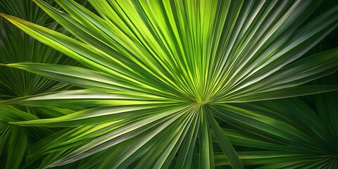 Close-up of a palm leaf, showing the intricate detail of the green and white stripes.