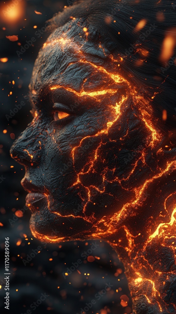 Poster Dynamic visualization of a face with fiery elements showcasing volcanic textures and glowing patterns in an artistic representation