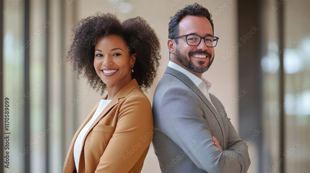 Poster Professional portrait of a diverse team in a modern office setting with bright lighting and an inspiring atmosphere