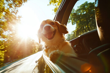 A  dog looks out the window of a car as the car drives down the road.