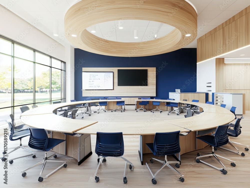 Poster innovative classroom design featuring two circles setup for enhanced learning experience modern arch