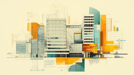 Contemporary corporate office architecture design with vibrant colors and geometric shapes