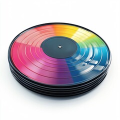 Vibrant Vinyl Records Stack with Rainbow-Colored Labels on White Background