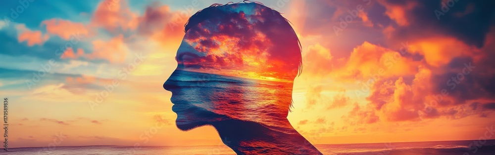 Aufkleber man glowing with vibrant colors formed by sunset over ocean waves and clouds during twilight hours