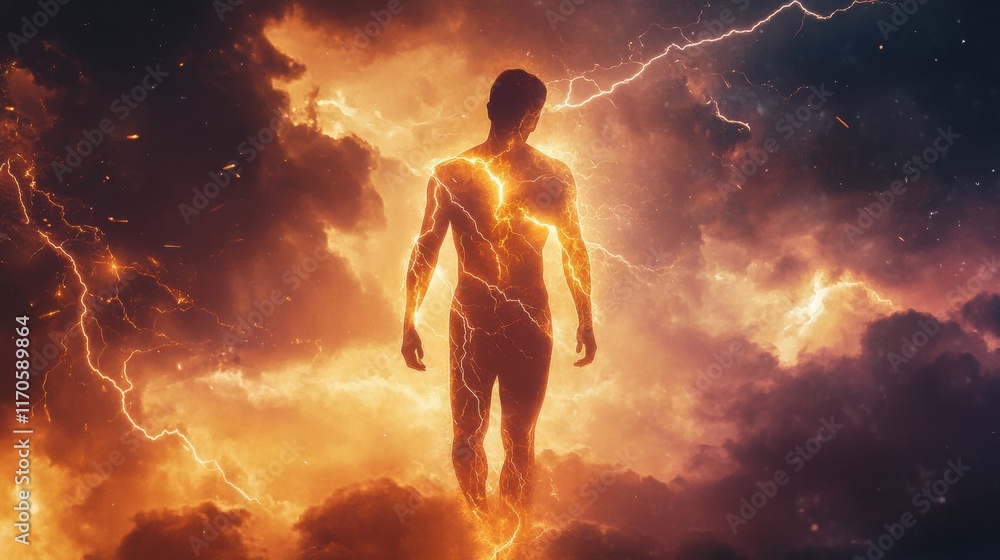 Poster man emitting energy amidst a dramatic landscape of clouds and lightning in a cosmic setting