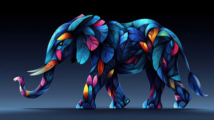 Majestic elephant adorned with vibrant, detailed floral patterns on a dark background.