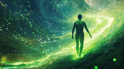 Fototapeta premium Man glowing with vibrant energy walking through an ethereal green landscape of light and particles
