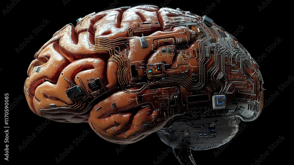 Poster a conceptual diagram of artificial intelligence, depicting the transformation of the human brain int