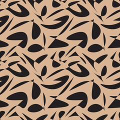 seamless pattern features abstract black shapes on a beige background, creating a modern and stylish geometric design perfect for contemporary decor and textiles