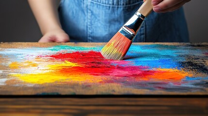 Vibrant Color Mixing with Paintbrush on Wooden Palette Background