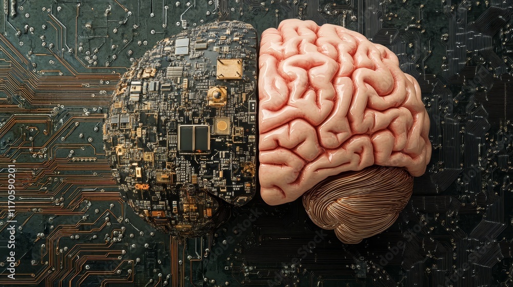 Poster a conceptual diagram of artificial intelligence, depicting the transformation of the human brain int