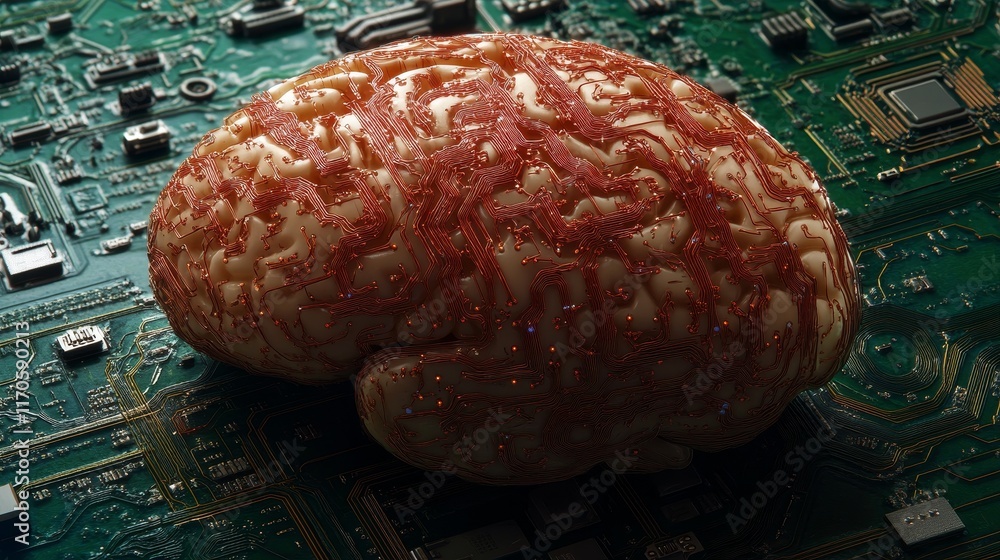 Poster a conceptual diagram of artificial intelligence, depicting the transformation of the human brain int