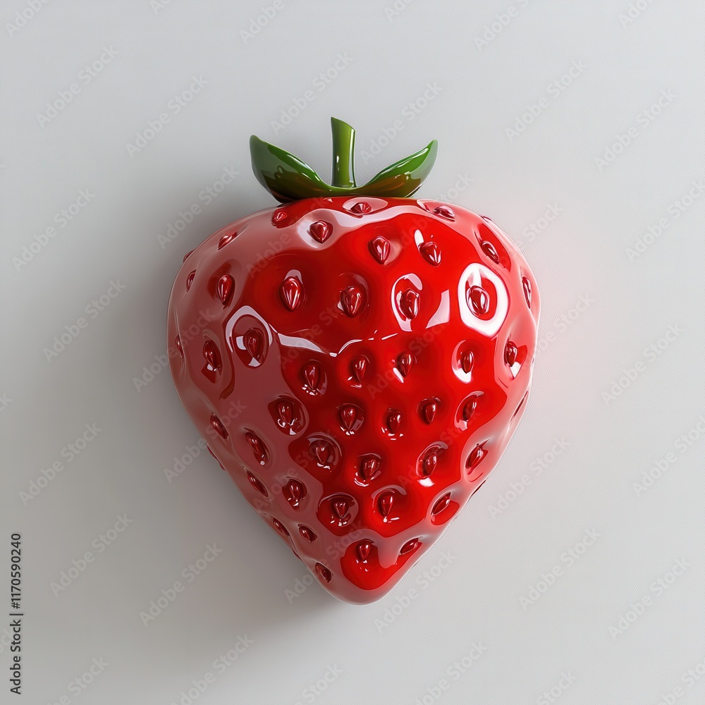 Poster bright red strawberry with glossy finish resting on a smooth surface