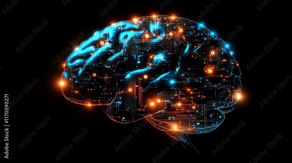 Poster a conceptual diagram of artificial intelligence, depicting the transformation of the human brain int