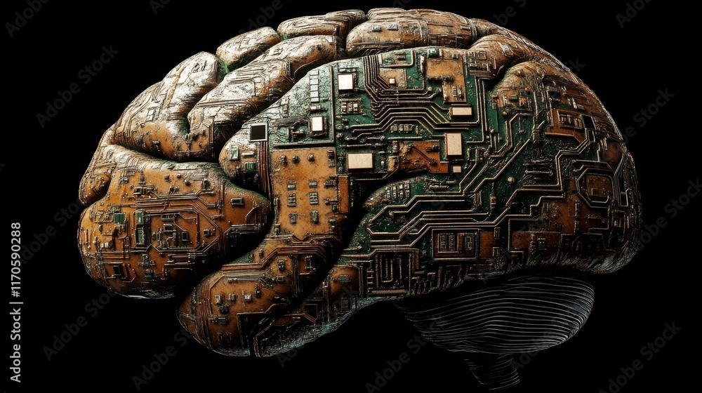 Poster a conceptual diagram of artificial intelligence, depicting the transformation of the human brain int