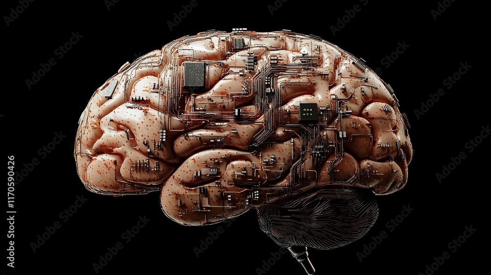 Poster a conceptual diagram of artificial intelligence, depicting the transformation of the human brain int