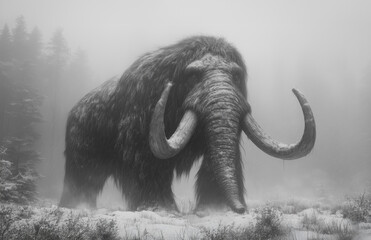 Mammoth stands in a misty forest landscape during winter, showcasing its large size and impressive tusks
