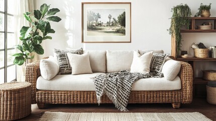 Fototapeta premium Boho style living room featuring a cozy rattan sofa and natural decor elements for a relaxed ambiance