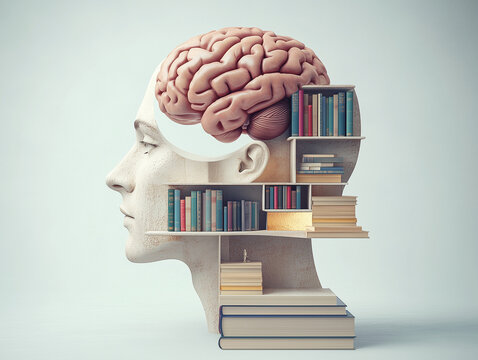 Creative representation of knowledge with a brain and books merging in a unique sculpture setup