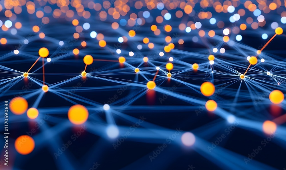 Poster abstract network connection, glowing nodes and lines.