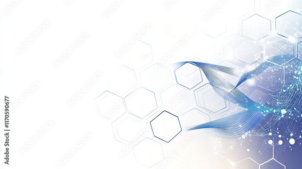 Poster a futuristic hexagonal grid design with blue energy pulses under each hexagon, set against a clean w