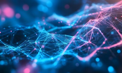 Abstract digital network connection, glowing blue and pink lines and dots on dark background.