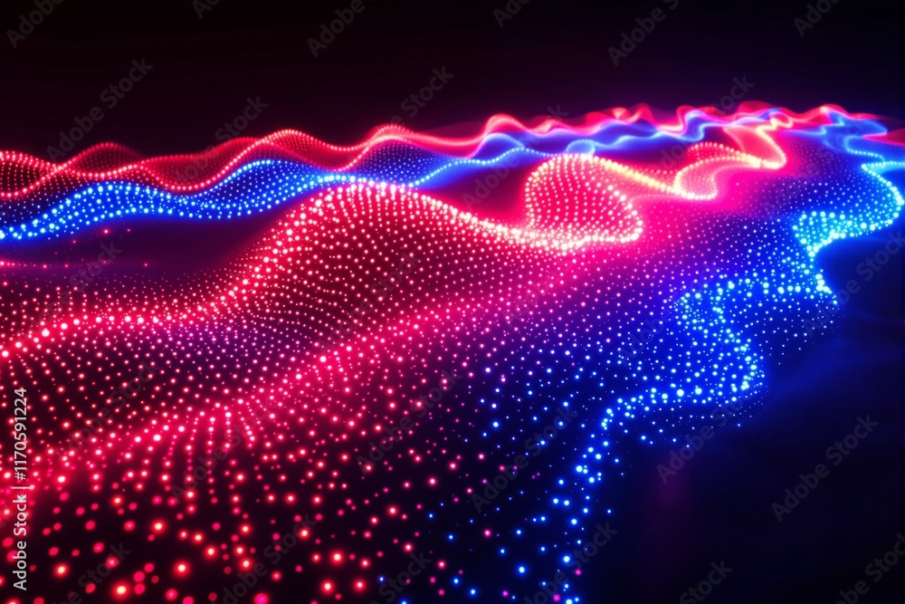 Poster abstract neon wave of glowing red and blue dots flowing dynamically on a dark background, representi