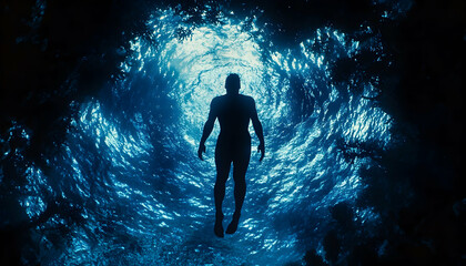 Fototapeta premium Silhouetted figure of a person floating serenely beneath the ocean's surface, light filtering from above creating a dramatic underwater scene.