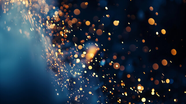 Golden light bokeh and abstract glittering on dark background. Sparkling dust particles.