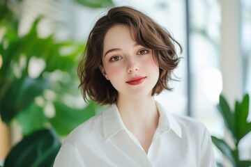 Fototapeta premium Young Woman Smiling Indoor Garden Portrait Photography Bright Environment Close-Up Confidence