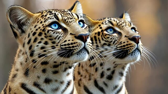 Two leopards stand side by side, attentively observing their surroundings in a calm forest bathed in warm evening light