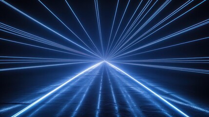 Dynamic Laser Light Show in Dark Space with Abstract White Beams and Blue Lights for Technology and Events