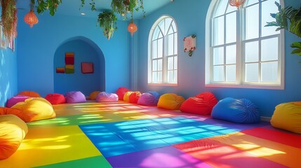 A vibrant rainbow-themed room with soft lighting and beanbags, offering a playful and creative space for children's photography or studio sessions.