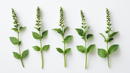 Five white flower stems arranged on white background, flat lay for design.