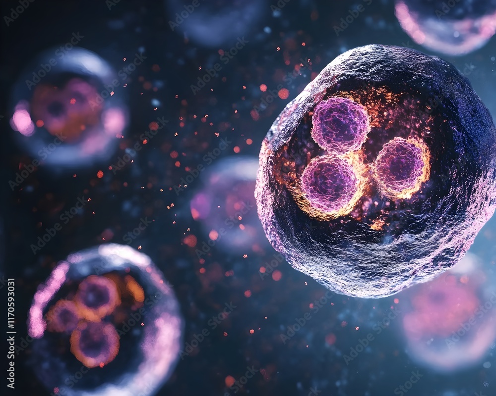 Poster microscopic view of cells: biomedical science research, abstract 3d rendering