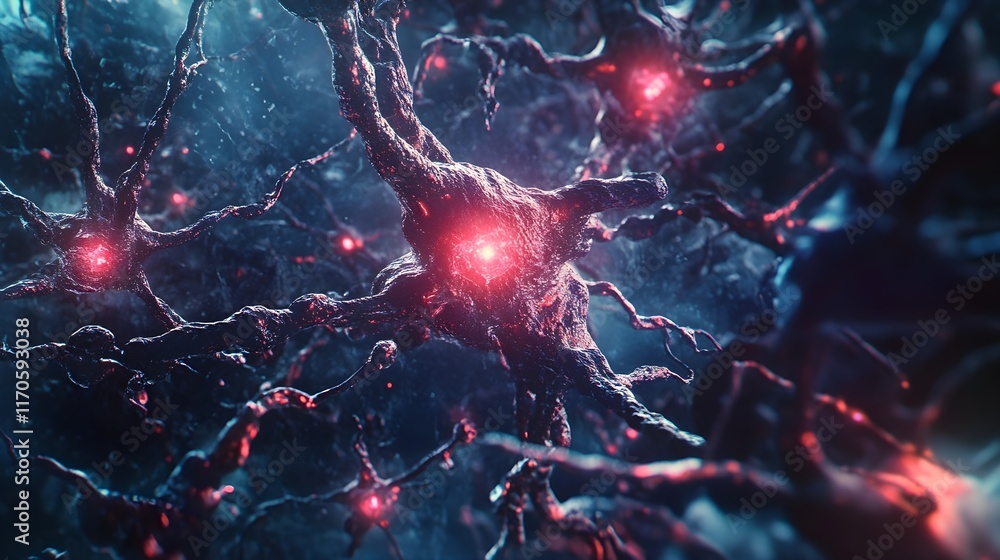 Poster microscopic view of neurons communication network, detailed 3d rendering of neural cells connections
